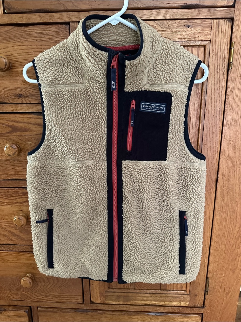 Vineyard Vines Kids Tan Sherpa Vest with Red Trim